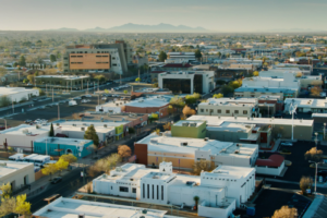 Aerial view from above Main Street in Las Cruces, New Mexico.