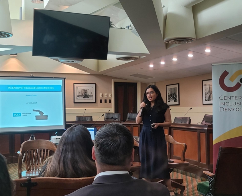 Jessica Cobian, UCLA Voting Rights Project Senior Fellow, presenting in Sacramento