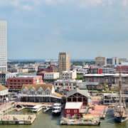 Galveston, Texas/USA – Mar 27, 2016: Port city view from the cruise ship.
